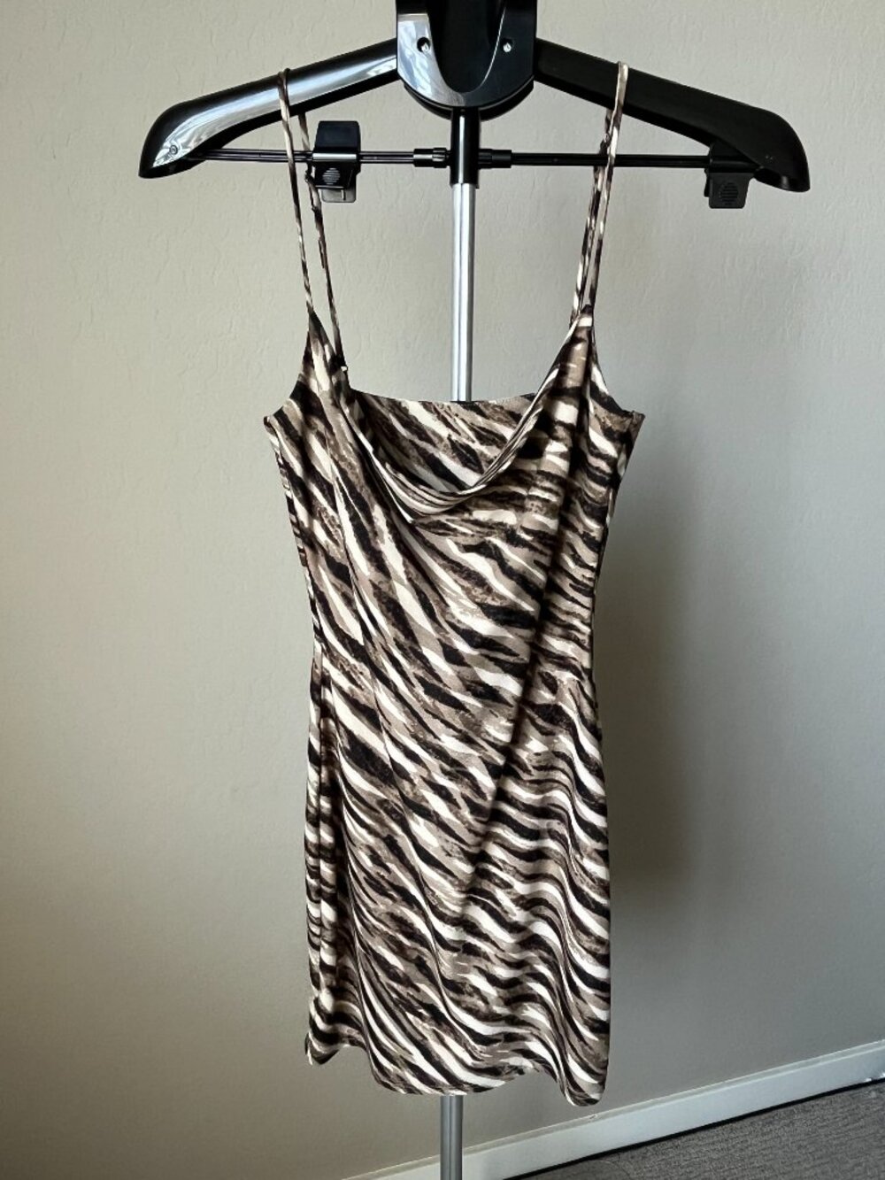 Windsor Zebra Print Bodycon Mini Dress Brown Black Spaghetti Strap Y2K
